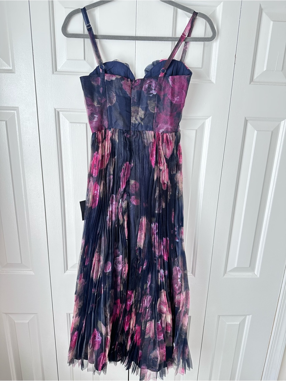 Lulus Alluring Invite Midnight Blue Floral Pleated Bustier Midi Dress XS - Picture 8 of 13